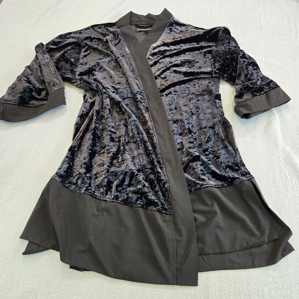 Alexander Del Rossa Robe Women L/XL Black Crushed Velvet Kimono Cardigan Pockets